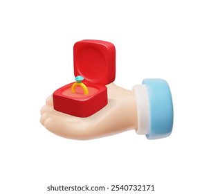 3D illustration of a hand holding a gold engagement ring with a gemstone in a gift box. Premium jewelry, radiating elegance on a white background.