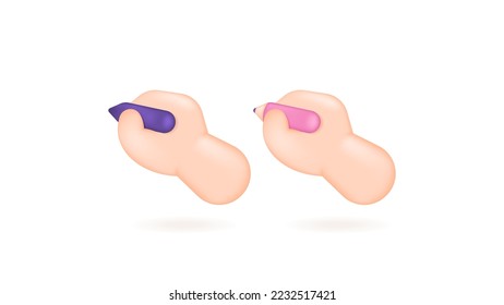 3d illustration of a hand holding a pencil and pen. using stationery, pencil and pen. symbol or icon. 3d and realistic concept design. vector elements