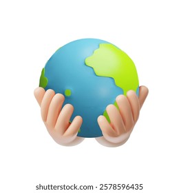 3D illustration of hand holding planet. Save Earth and care for environment. Eco safety. Save the world concept. Vector isolated icon. Cartoon style. Rendering.