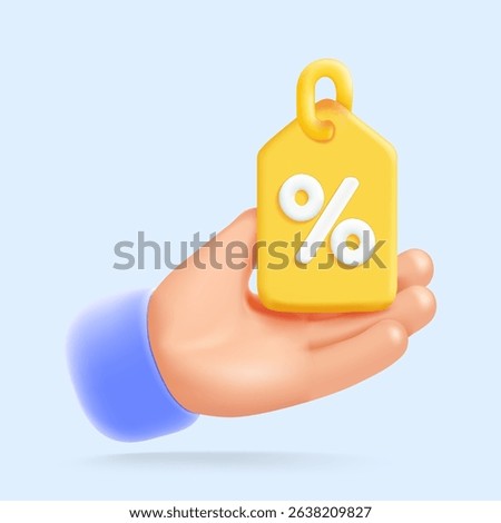 3D illustration of a hand holding a yellow percent discount tag, representing sales promotion and price offers. Vector