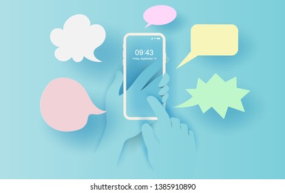 3D illustration of Hand holds smartphone with messaging SMS application. Text messaging frame idea. Creative design paper cut and craft on blue pastel background.Minimal communication concept Vector