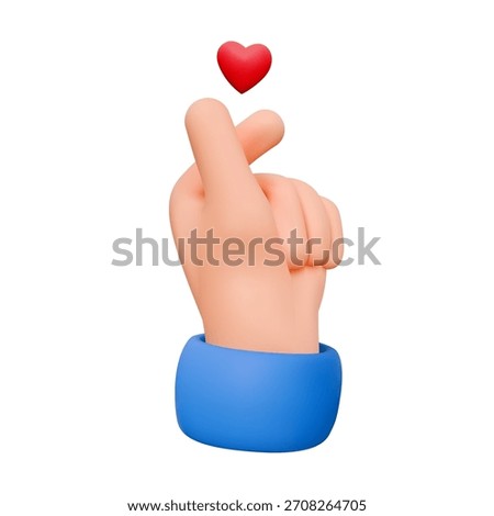 3D illustration of a hand making a mini heart gesture, a common symbol of love. The hand is wearing a blue sleeve and a red heart floats above the fingers.