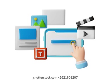 3D illustration of a hand pressing on a search page of the screen, with video files and web page mockups around. User interface. Navigation. Cartoon style. Isolated background.