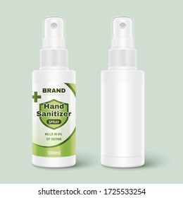 3d illustration of hand sanitizer spray bottles, one with designed label and one without, isolated on light green background