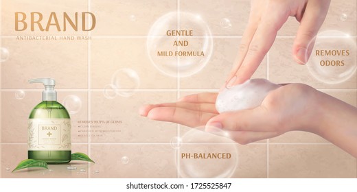 3D illustration of hand wash ad template, realistic young woman lathering hands by rubbing them together, on beige tile baclground