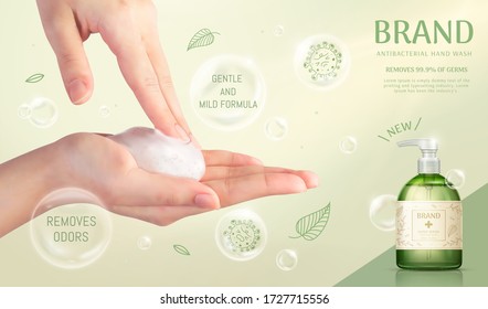 3D illustration of hand wash ad template, creamy foam held by hands, decorated with bubbles, cartoon germs and realistic bottle mock-up