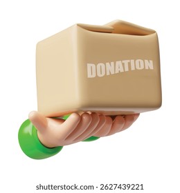 3D illustration of hands holding closed cardboard box with text, donation. Gesture of help, charity. Volunteer work. Humanitarian aid. Vector icon. Isolated background. Rendering.