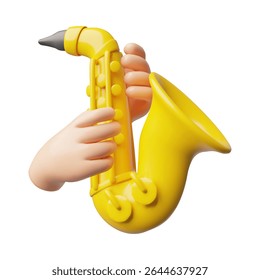 Ilustração 3D de mãos segurando um saxofone, amarelo brilhante. Instrumento retrô musical. Jazz, performance orquestral. Ícone isolado do vetor. Estilo de desenho animado. Renderizar.