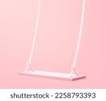 3D illustration of hanging wooden swing with rope isolated on light pink background