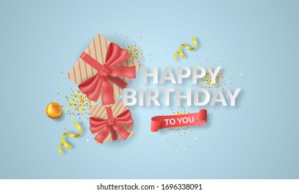 3d illustration of happy birthday party with gift box, ball, ribbon on blue background