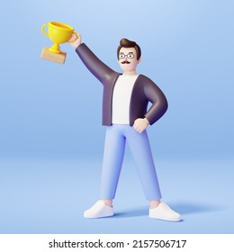 3d illustration of a happy man holding golden trophy and standing proudly. Concept of good father.