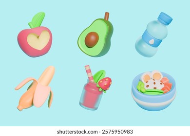 3D illustration of healthy food items including an apple, avocado, banana, water bottle, strawberry smoothie, and poke bowl on a light blue background.