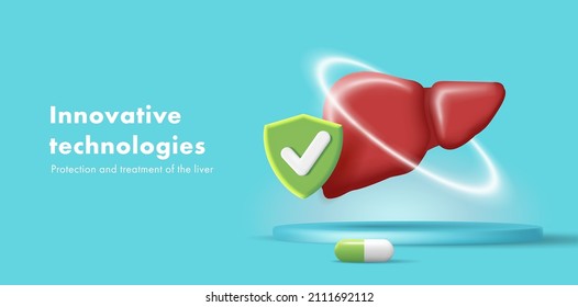 3d illustration of healthy human liver in protective circle with shield icon and pill