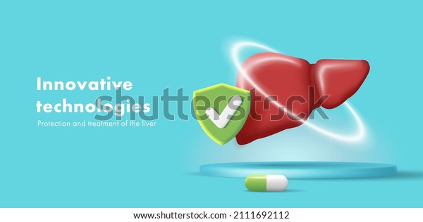 3d illustration of healthy human\
liver in protective circle with shield icon and\
pill
