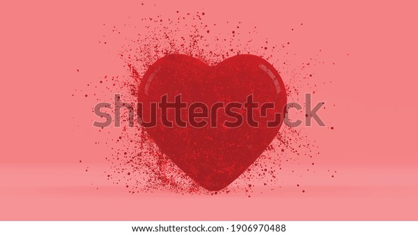 3D illustration of a heart shape being\
crushed to dust. glossy texture with red\
objects