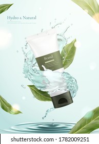 3d illustration of herbal cosmetic ad, simple and natural skincare concept, tube mock-up surrounded by water splash with flying leaves