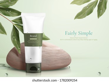 3d illustration of herbal cosmetic ad, simple and healthy skincare concept, product mock-up with pebble and lemon eucalyptus