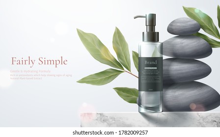 3d illustration of herbal cosmetic ad, simple and natural skincare concept, product mock-up set on marble table with leaves and zen pebbles