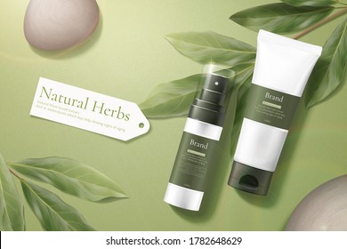 3d illustration of herbal cosmetic ad, simple and natural skincare concept, product mock-ups laid with pebbles and lemon eucalyptus