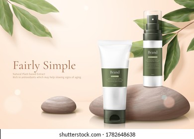 3d illustration of herbal cosmetic ad, simple and healthy skincare concept, product mock-ups set with pebbles and lemon eucalyptus