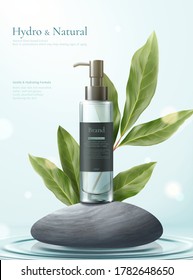 3d illustration of herbal cosmetic ad, simple and natural skincare concept, mock-ups set on grey pebbles with lemon eucalyptus leaves