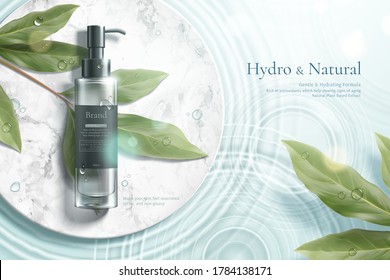 3d illustration of herbal cosmetic ad, simple and natural skincare concept, product mock-up set on marble disk with water ripple aside