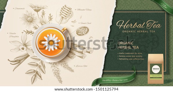 3d illustration herbal tea
in top view perspective, engraving style herbs ingredients
background