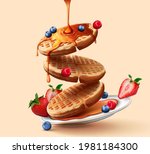 3d illustration of honey pouring on thick and crispy toaster waffles with falling berry fruits over yellow background