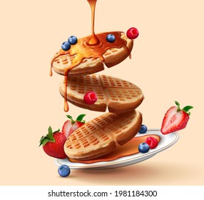 3d illustration of honey pouring on thick and crispy toaster waffles with falling berry fruits over yellow background