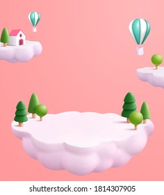 3d illustration of a house and trees on the cloud in the sky with a hot air balloon flying by