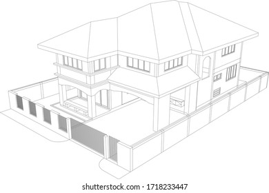 3D illustration of housing building in wireframe - vector perspective