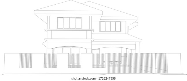 Ilustración 3D de la construcción de viviendas en alambre - perspectiva vectorial