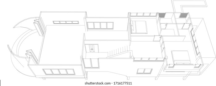 3D illustration of housing in wireframe - vector perspective