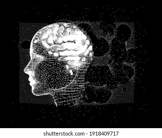 3D Illustration Human Brain Anatomy made of Pixels and Particles For Neural network and Machine Learning concept. Sci-fi futuristic cyberpunk style.