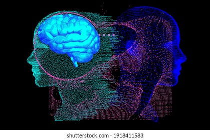 3D Illustration Human Brain Anatomy made of Pixels and Particles For Neural network and Machine Learning concept. Sci-fi futuristic cyberpunk style.