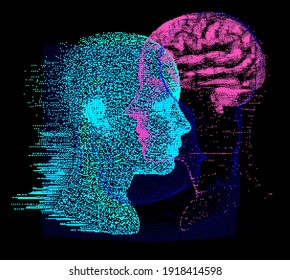 3D Illustration Anatomie des menschlichen Gehirns aus Pixels und Teilchen für das Konzept des neuronalen Netzwerks und des maschinellen Lernens. Sci-fi futuristischen Cyberpunk Stil.