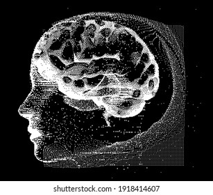 3D Illustration Human Brain Anatomy made of Pixels and Particles For Neural network and Machine Learning concept. Sci-fi futuristic cyberpunk style.