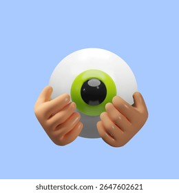 Ilustração em 3D de um olho humano segurado suavemente por duas mãos. Símbolo de cuidados, proteção da saúde ocular. Ideal para o Dia Mundial da Visão, conceitos médicos, campanhas de conscientização visual e visuais de saúde.
