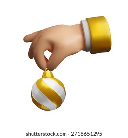 3D illustration of a human hand holding a golden and white striped Christmas ornament. Holiday promotions, Christmas designs, seasonal UI elements, and decorative compositions.