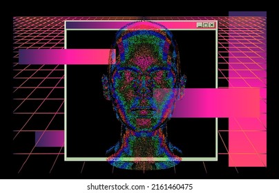 3D illustration of a human head made of many particles or dots and laser grid on the background.