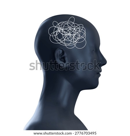 3D illustration of human head profile with tangled white mess of lines inside brain area, symbolizing confusion, mental health issues, anxiety and complex thought processes on white background.