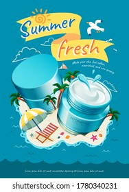 3d illustration hydrating cream jars on lovely hand drawn island, summer skincare ads poster