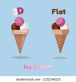 3D illustration ice cream compare with flat design style