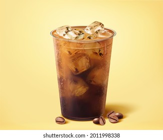 3d illustration of iced cold brew coffee in plastic takeout cup. Drink element isolated on yellow background.