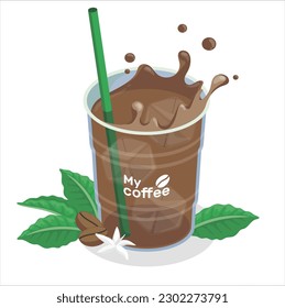 3d illustration of iced cold brew coffee in plastic takeout cup. Drink and coffee beans, leaves element isolated on white background. Cold brewed coffee ads in 3d illustration
