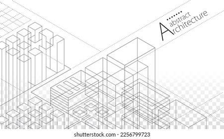 Ilustración 3D Diseño de la construcción de la arquitectura de la imaginación, dibujo abstracto moderno de la construcción urbana fuera de línea en blanco y negro.