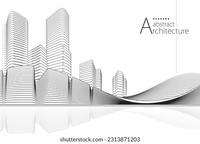 3D illustration Imagination architecture building construction perspective design, abstract modern urban landscape line drawing.