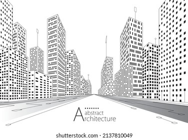 3D Illustration Imagination Modern Urban Landscape Background,architecture Building Construction Perspective Design Drawing.