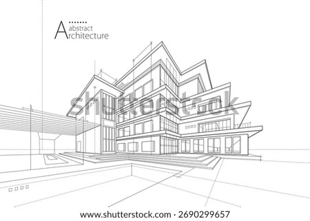 3D illustration, imaginative architecture building construction perspective design line drawing.
