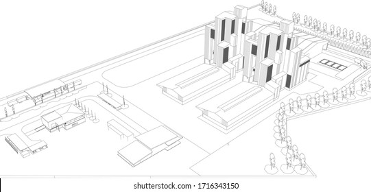 3D illustration of industrial building in wireframe - vector perspective